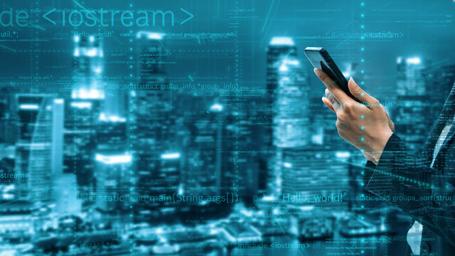 A businessman interacts with a smartphone amid a futuristic city skyline, showcasing digital elements and coding symbols, representing modern technology in communication. Xenic - Powered by Adobe
