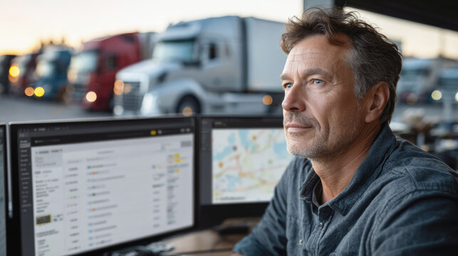 Logistics manager monitoring freight transport data and GPS tracking on dual monitors, with trucks parked in background, representing fleet management and transportation coordination.
