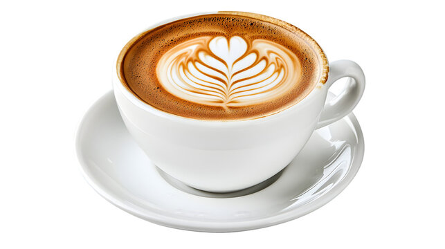 Delicious latte art in a white cup on a saucer against a perfect for a coffee break or cafe menu design with a warm and inviting feel