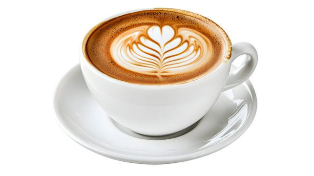 Delicious latte art in a white cup on a saucer against a perfect for a coffee break or cafe menu design with a warm and inviting feel