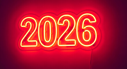 Glowing Red and Yellow "2026" Neon Sign.