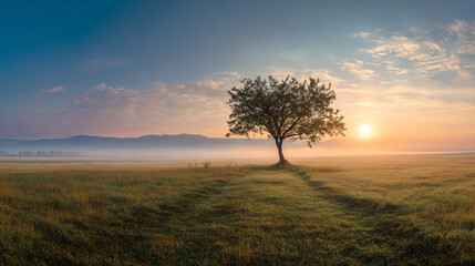 Obraz premium A solitary tree standing in a misty field at sunrise with a clear blue sky above it