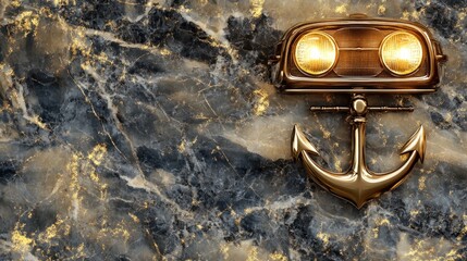 Golden Anchor and Headlights on Luxurious Marble, Nautical Decor Art