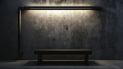 Illuminated industrial wall backdrop with bench and modern lighting