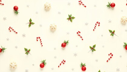 Christmas festive background with red ornaments, candy canes, and greenery on pale cream backdrop