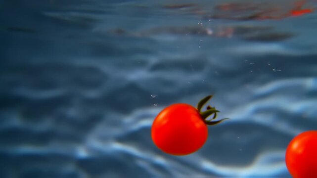 Fresh Red Cherry Tomatoes Dropping and Splashing into Crystal Clear Water, Close-up