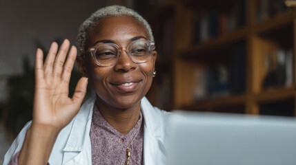 Smiling female doctor wearing glasses greeting patient via video call, sitting in office with bookshelf background, showing warmth and connection through telemedicine.