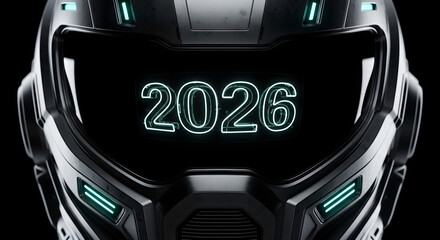Futuristic Black Helmet with Neon Cyan 2026 Visor Display.