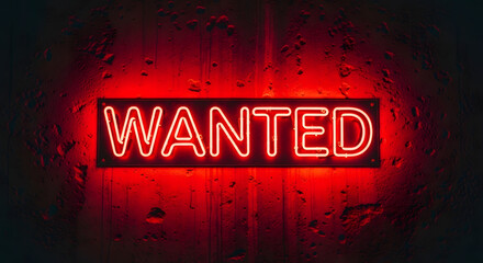 Glowing Red "WANTED" Neon Sign on Dark Grunge Wall.