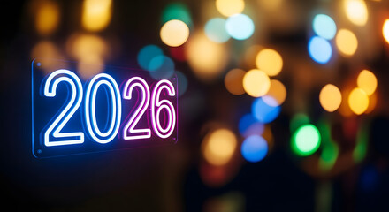 Multi-Colored Neon "2026" Sign with Festive Bokeh Lights.