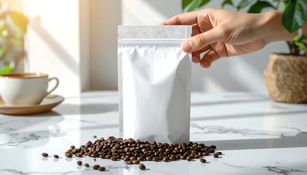 Hand holding a blank white resealable pouch filled with roasted coffee beans for marketing