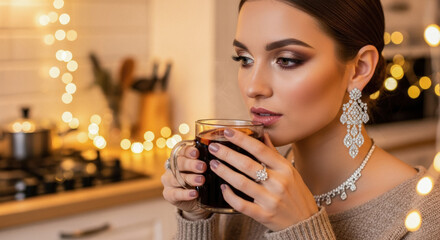 Beautiful woman with glamorous makeup enjoying warm drink in cozy kitchen decorated with fairy lights.