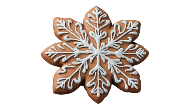 christmas snowflake isolated on white.Gingerbread snowflake cookie isolated PNG on transparent background, Christmas holiday treat with white icing decoration