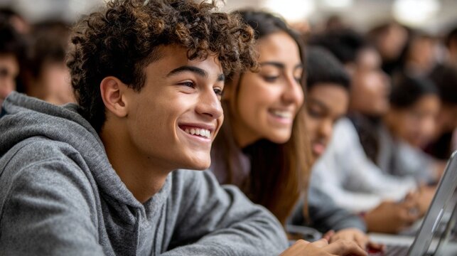 In a lively classroom, high school students smile while collaborating on their laptops. The atmosphere is filled with excitement as they share ideas and work on projects together