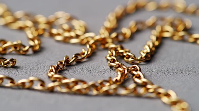 Close-up of a shimmering gold chain with intricate links spread on a gray background