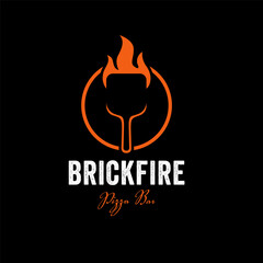 Bold pizza bar logo featuring a flaming pizza peel inside a circular frame, perfect for restaurants, pizzerias, and food branding. Editable Vector File
