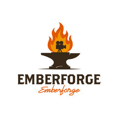 Creative logo featuring a classic film camera rising from flames atop an anvil, symbolizing powerful cinematic craftsmanship. Editable Vector File
