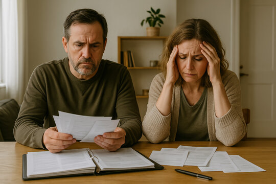 Couple experiencing stress while reviewing financial documents at home
