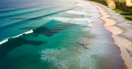 Aerial view of a serene beach with gentle waves lapping at the shore under clear skies