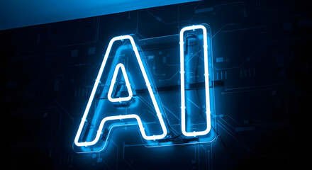 Blue Neon "AI" Sign on Dark Electronic Circuit Board.