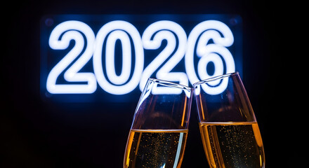 Champagne Toast with Blue Neon "2026" Sign in Background.