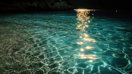 Turquoise waters sparkle under a night sky, creating an ethereal beach landscape