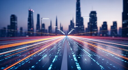 Fototapeta premium Futuristic Cityscape with Dynamic Light Trails on a Modern Highway.
