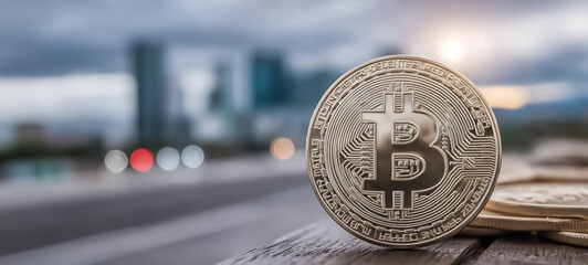 Close-up of bitcoin coin with cityscape blurred background