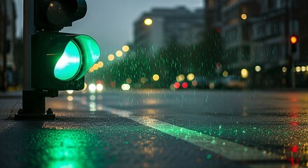 Green Traffic Light on a Rainy City Street at Night.