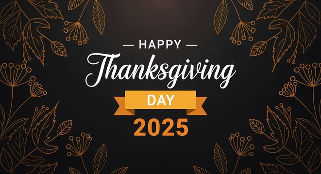 Elegant happy thanksgiving day 2025 banner with golden leaves and dark background