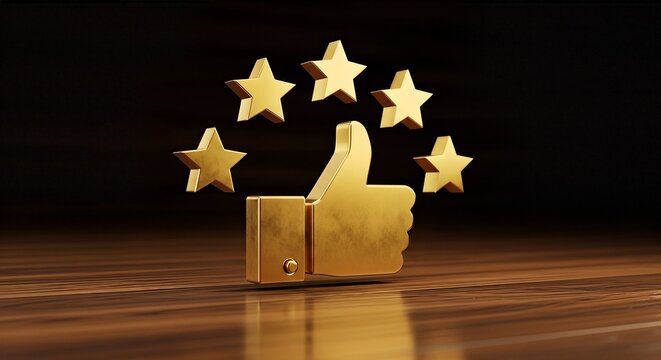 Golden Thumbs Up with Five Stars Rating on Wooden Surface.