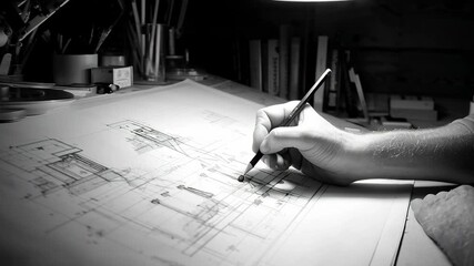 Black and white shot of a designer working late, drawing an architectural sketch on a drafting table under a focused lamp light. Creative professional at work. - Powered by Adobe