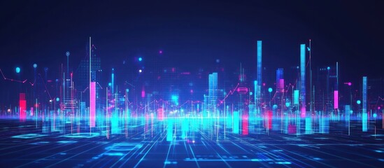 Digital city skyline with vibrant neon lights and data streams concept