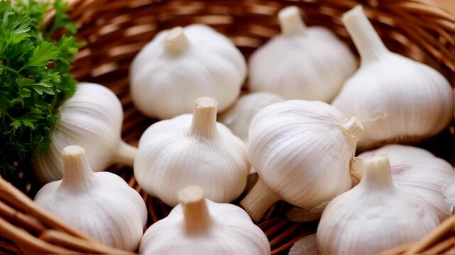 Fresh Garlic Bulbs and Green Parsley in Woven Basket