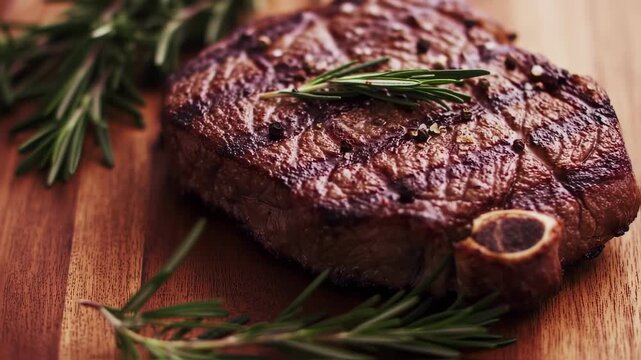 Delicious Grilled Beef Steak with Rosemary and Peppercorns on a Rustic Wooden Board