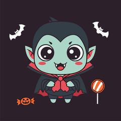 Adorable Chibi Vampire Character with Candy and Bats for Halloween