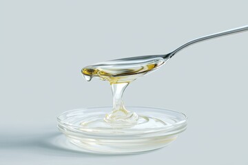 Clear liquid drips from a spoon into a small dish