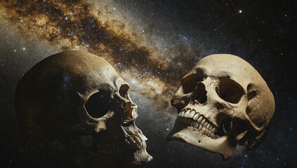 Two human skulls facing each other with a cosmic nebula background