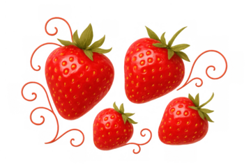 Ripe red strawberries with green calyxes and decorative orange tendrils, a sweet and delicious natural fruit illustration