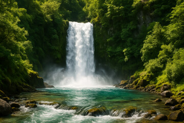 Fototapeta premium Majestic waterfall cascading into serene turquoise pool surrounded by greenery