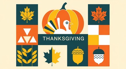 Thanksgiving greeting card with pumpkin, turkey, leaves and acorn on beige background