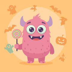Cute Pink Monster Holding Lollipop with Halloween Ghosts, Bats, and Pumpkin Background Illustration