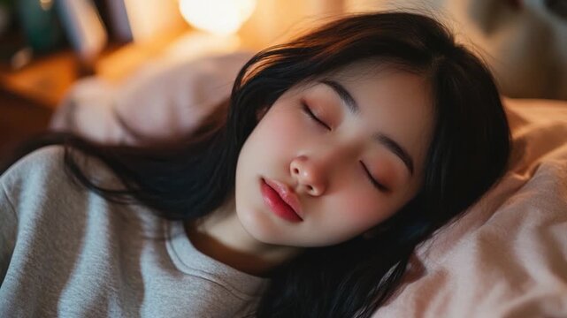 A person resting peacefully on a bed with their eyes shut