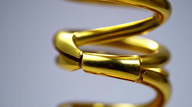 Close-up of a Bright Golden Metallic Helical Spring Coil on a Light Background