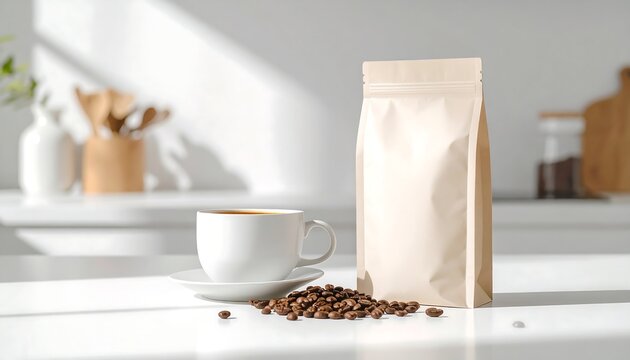 A fresh bag of unbranded coffee sits on a kitchen counter next to a cup of hot coffee and scattered beans