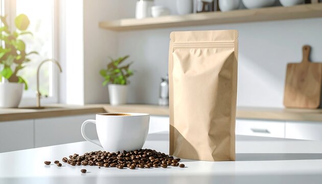 A bag of coffee beans next to a white cup on a kitchen counter