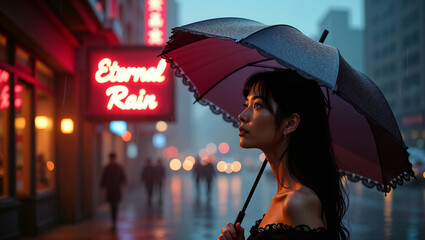 A woman holding a dark umbrella with lace trim on a rainy city street, with a glowing "Eternal Rain" neon sign in the background.