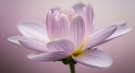Soft pastel pink dahlia flower with delicate petals and yellow center, blooming in soft focus with a bokeh background