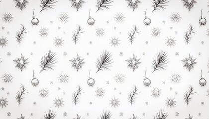Stylish Christmas background with monochrome ornaments, snowflakes, and pine branches on white backdrop