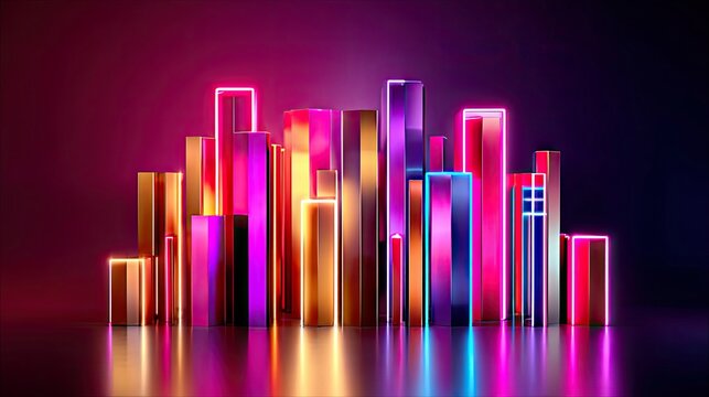 A collection of abstract, geometric shapes resembling skyscrapers illuminated by vibrant neon lights in shades of pink, purple, and gold.
